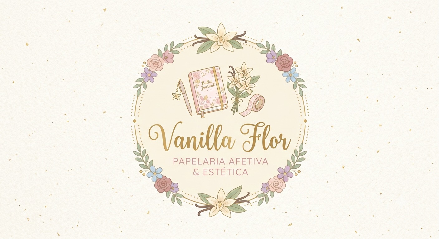 Logotipo Vanilla Flor: guirlanda de flores de baunilha e rosas ao redor de um caderno, caneta e washi tape